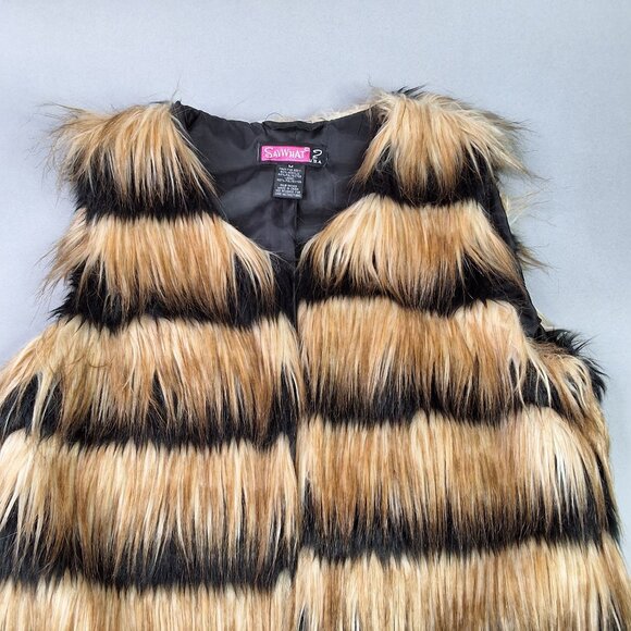 Faux Fur Striped Vest By Sawhat? Medium Black & Tan Lined Grunge Festival - Picture 3 of 8